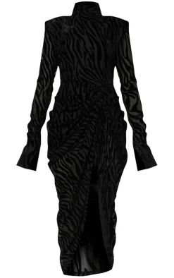 Black Zebra Print Devore High Neck Draped Midi Dress