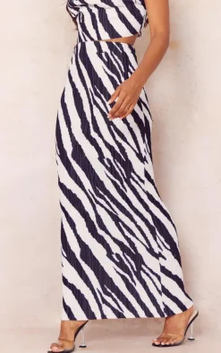 Black Zebra Print Plisse Maxi Skirt