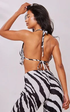 Black Zebra Print Plisse Peplum Hem Halterneck Bralet