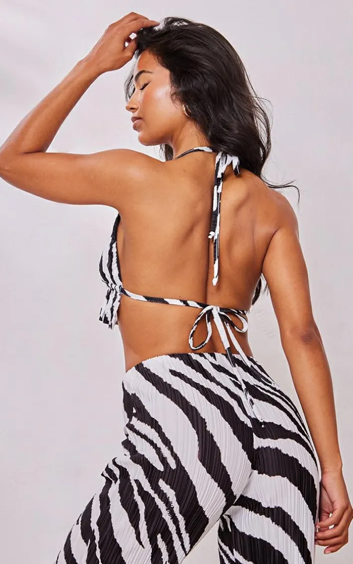Black Zebra Print Plisse Peplum Hem Halterneck Bralet