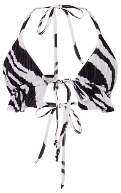 Black Zebra Print Plisse Peplum Hem Halterneck Bralet
