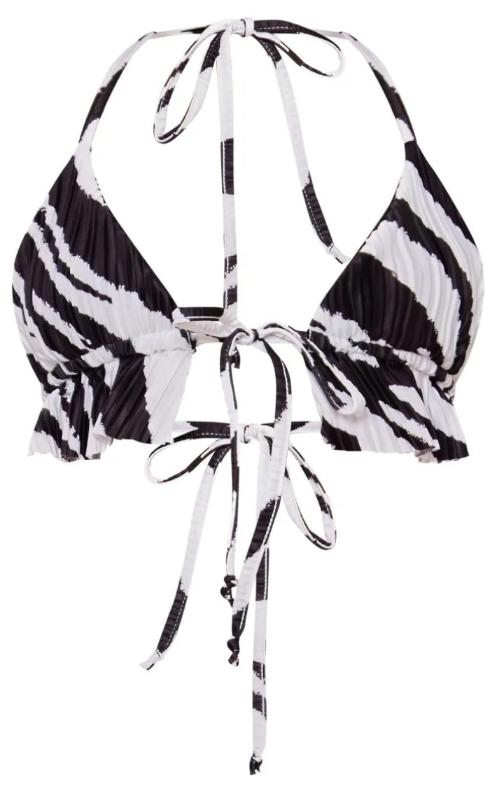 Black Zebra Print Plisse Peplum Hem Halterneck Bralet
