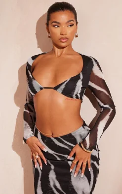 Black Zebra Printed Mesh Long Sleeve Bralet