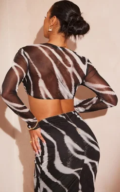 Black Zebra Printed Mesh Long Sleeve Bralet