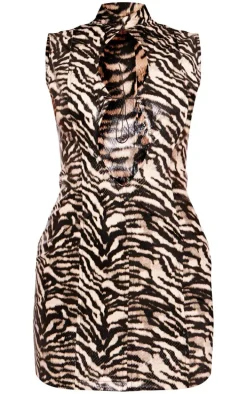 Black Zebra Printed Sleeveless Collar Detail Shift Dress