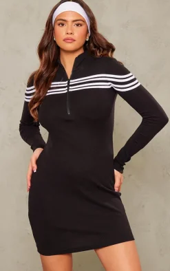 Black Zip Up Contrast Stripe Bodycon Dress