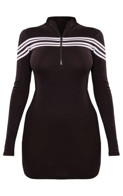 Black Zip Up Contrast Stripe Bodycon Dress