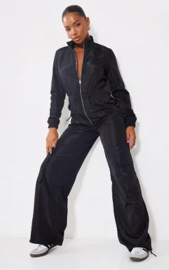 Black Zip Up Toggle Wide Leg Jumpsuit