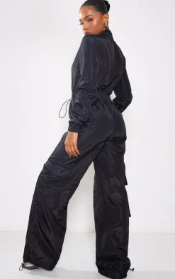 Black Zip Up Toggle Wide Leg Jumpsuit