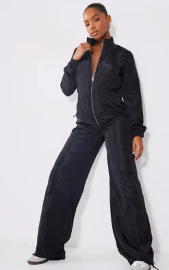 Black Zip Up Toggle Wide Leg Jumpsuit