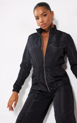Black Zip Up Toggle Wide Leg Jumpsuit