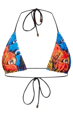 Blue Abstract Butterfly Print Triangle Bikini Top