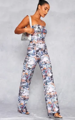 Blue Abstract Collage Print Stretch Woven Low Rise Cargo Pants