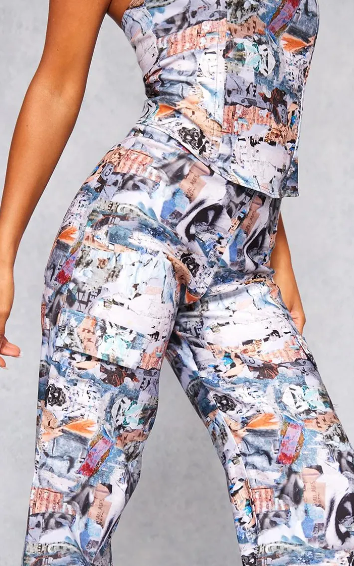 Blue Abstract Collage Print Stretch Woven Low Rise Cargo Pants
