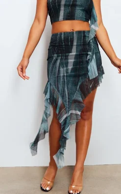 Blue Abstract Denim Print Mesh Ruffle Asymmetric Hem Midi Skirt