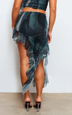 Blue Abstract Denim Print Mesh Ruffle Asymmetric Hem Midi Skirt