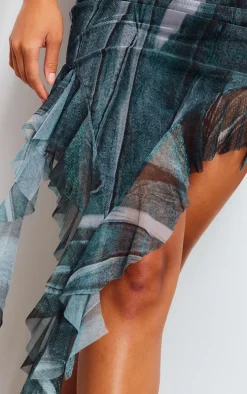 Blue Abstract Denim Print Mesh Ruffle Asymmetric Hem Midi Skirt