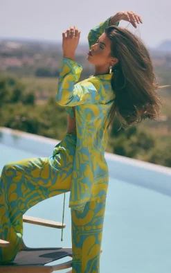 Blue Abstract Floral Satin Oversized Cuff Shirt