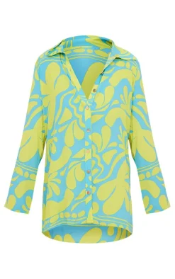 Blue Abstract Floral Satin Oversized Cuff Shirt