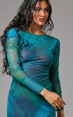 Blue Abstract Flower Printed Backless Mini Dress