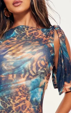 Blue Abstract Leopard Onion Skin Knot Drape Dress