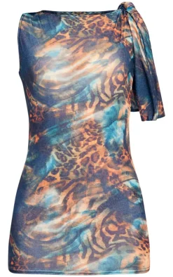 Blue Abstract Leopard Onion Skin Knot Drape Dress