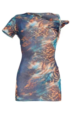 Blue Abstract Leopard Onion Skin Twist Shoulder Dress