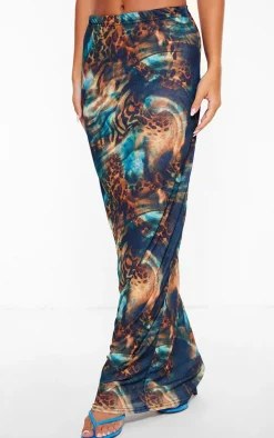 Blue Abstract Leopard Printed Onion Skin Maxi Skirt