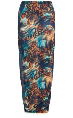 Blue Abstract Leopard Printed Onion Skin Maxi Skirt