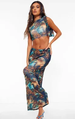 Blue Abstract Leopard Printed Onion Skin Knot Drape Crop Top