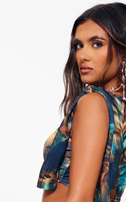 Blue Abstract Leopard Printed Onion Skin Knot Drape Crop Top