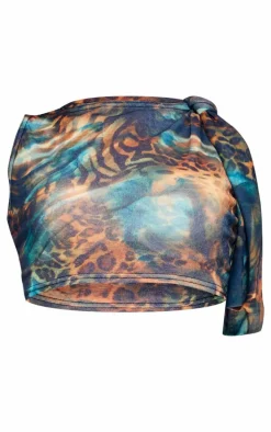 Blue Abstract Leopard Printed Onion Skin Knot Drape Crop Top