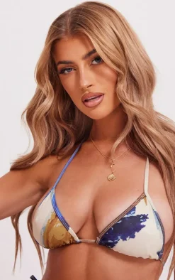 Blue Abstract Line Print Triangle Bikini Top