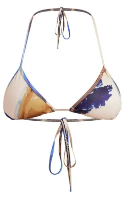 Blue Abstract Line Print Triangle Bikini Top