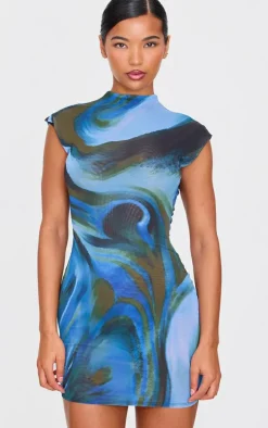 Blue Abstract Mesh Floral Print Mini Dress