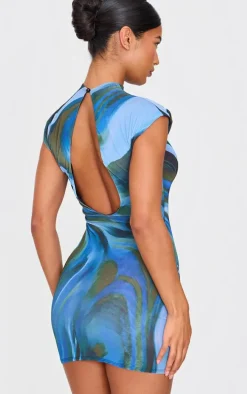 Blue Abstract Mesh Floral Print Mini Dress