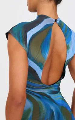 Blue Abstract Mesh Floral Print Mini Dress