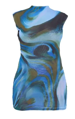 Blue Abstract Mesh Floral Print Mini Dress