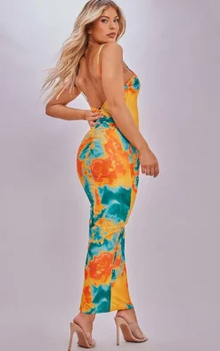 Blue Abstract Plisse Wired Plunge Ruched Bum Maxi Dress