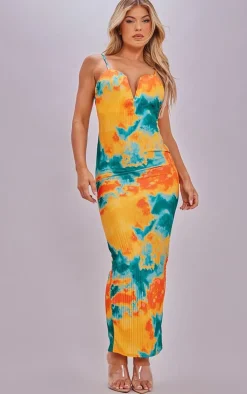 Blue Abstract Plisse Wired Plunge Ruched Bum Maxi Dress