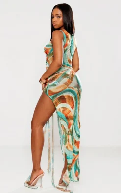 Blue Abstract Print Crinkle Mesh Tie Cut Out Maxi Dress