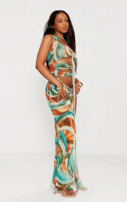 Blue Abstract Print Crinkle Mesh Tie Cut Out Maxi Dress