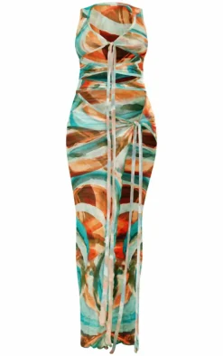 Blue Abstract Print Crinkle Mesh Tie Cut Out Maxi Dress