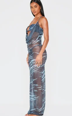 Blue Abstract Print Deep Plunge Maxi Beach Dress