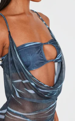 Blue Abstract Print Deep Plunge Maxi Beach Dress