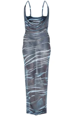 Blue Abstract Print Deep Plunge Maxi Beach Dress