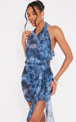 Blue Abstract Print Mesh Wrap Halterneck Mini Dress
