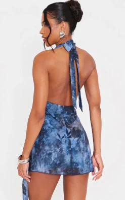 Blue Abstract Print Mesh Wrap Halterneck Mini Dress
