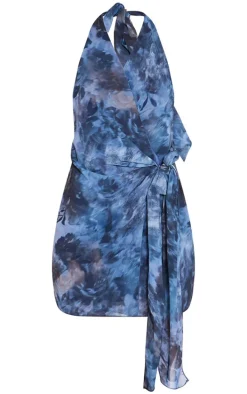 Blue Abstract Print Mesh Wrap Halterneck Mini Dress