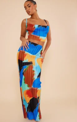Blue Abstract Print Plisse Maxi Skirt